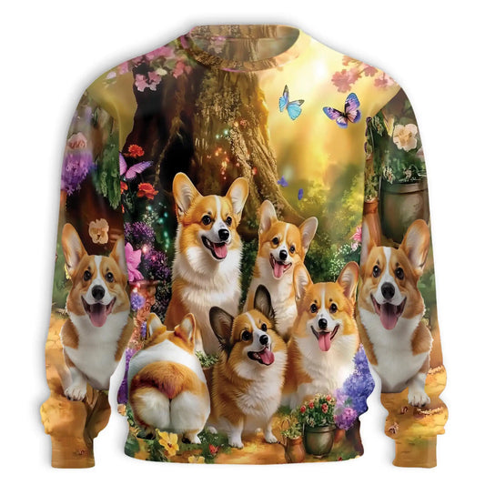 Fairy Corgi Flower Sweatshirt, 3D All Over Print Fantasy Floral Dog Crewneck Pullover for Men Women, Corgi Lover Gift - Netecom