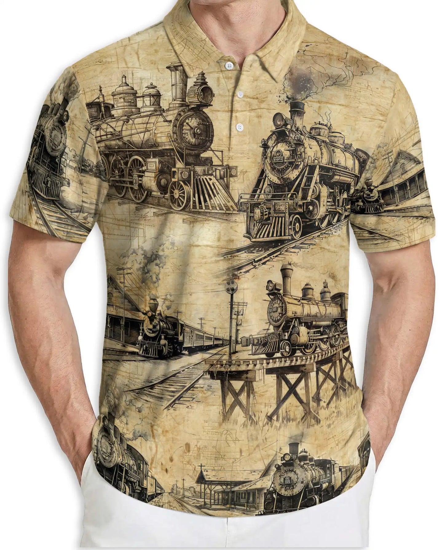 Vintage Steam Train Polo Shirt – Classic Railroad Blueprint Art | Netecom