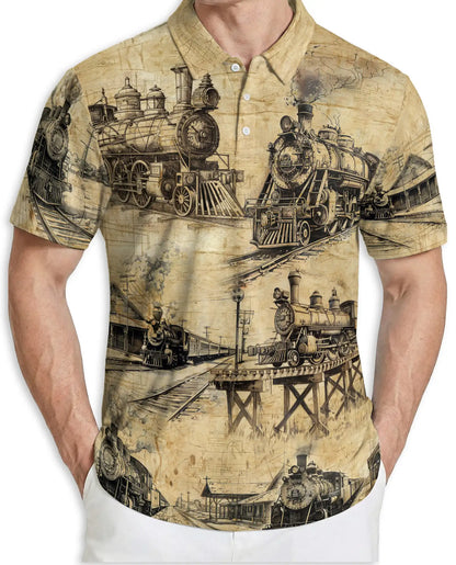Vintage Steam Train Polo Shirt – Classic Railroad Blueprint Art | Netecom