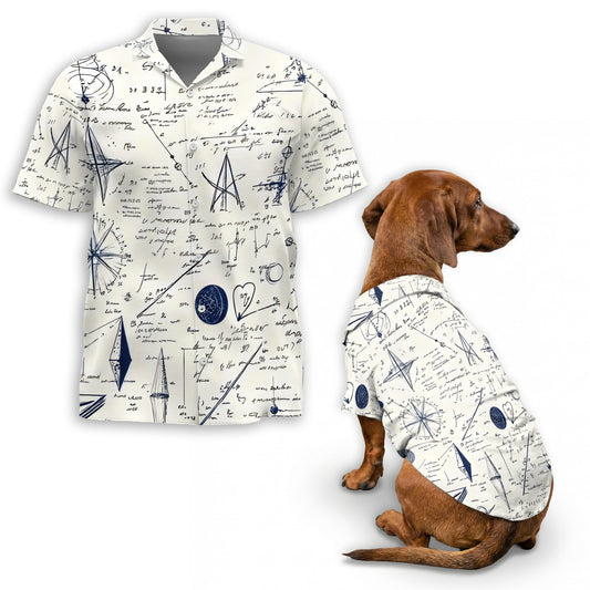 Netecom Matching Math Teacher Aloha Hawaiian Shirt for Dog and Owner, B&W Pattern Summer Shirt, Coordinated Button Down Wear for Pet and Human, Casual School Season Outfit