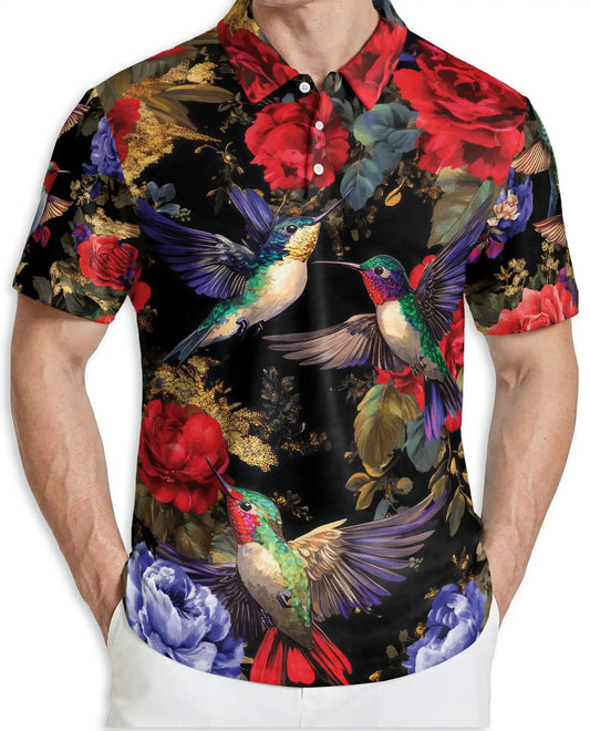 Hummingbird Floral Polo Shirt – Elegant Rose Print | Netecom