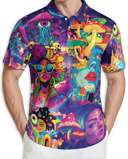 Psychedelic Mushroom Art 3D Polo Shirt for Men – Neon Trippy Fantasy Style | Netecom