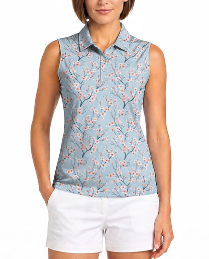 Japanese Sakura Sleeveless Polo Shirt for Women – Elegant Cherry Blossom Style | Netecom