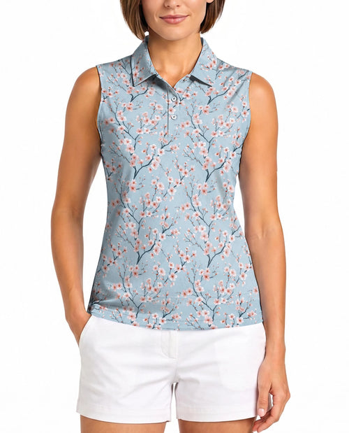 Japanese Sakura Sleeveless Polo Shirt for Women – Elegant Cherry Blossom Style | Netecom