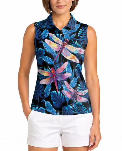 Amazing Dragonfly Blue Tropical Sleeveless Polo Shirt for Women | Netecom