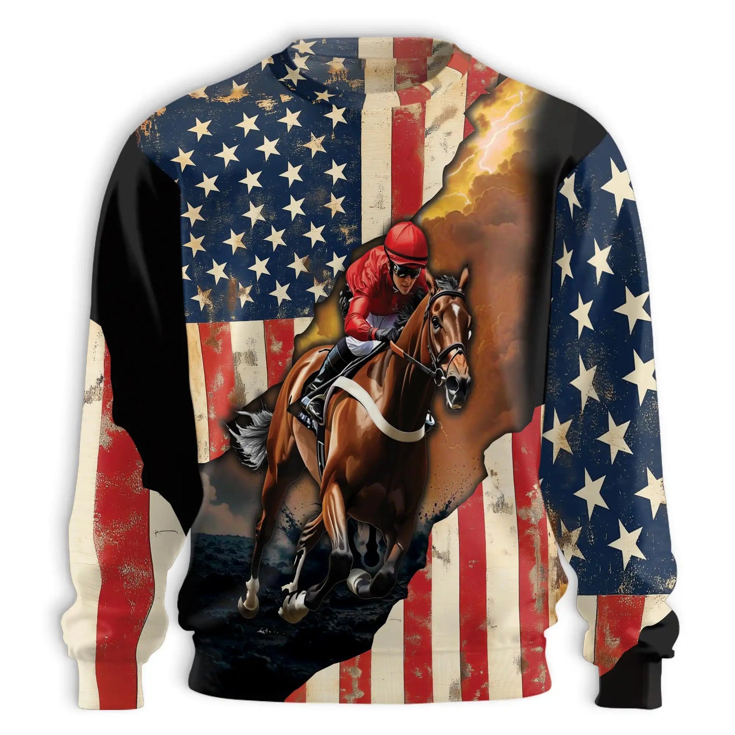 Brown Vintage American Flag Horse Racing Sweatshirt, 3D All Over Print Retro Patriotic Equestrian Crewneck Pullover for Men Women, Horse Racing Lover Gift - Netecom