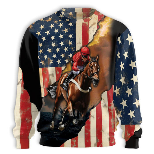 Brown Vintage American Flag Horse Racing Sweatshirt, 3D All Over Print Retro Patriotic Equestrian Crewneck Pullover for Men Women, Horse Racing Lover Gift - Netecom