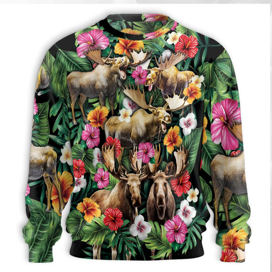Moose Hibiscus Flower Sweatshirt, 3D All Over Print Floral Wildlife Crewneck Pullover for Men Women, Moose Lover Gift - Netecom