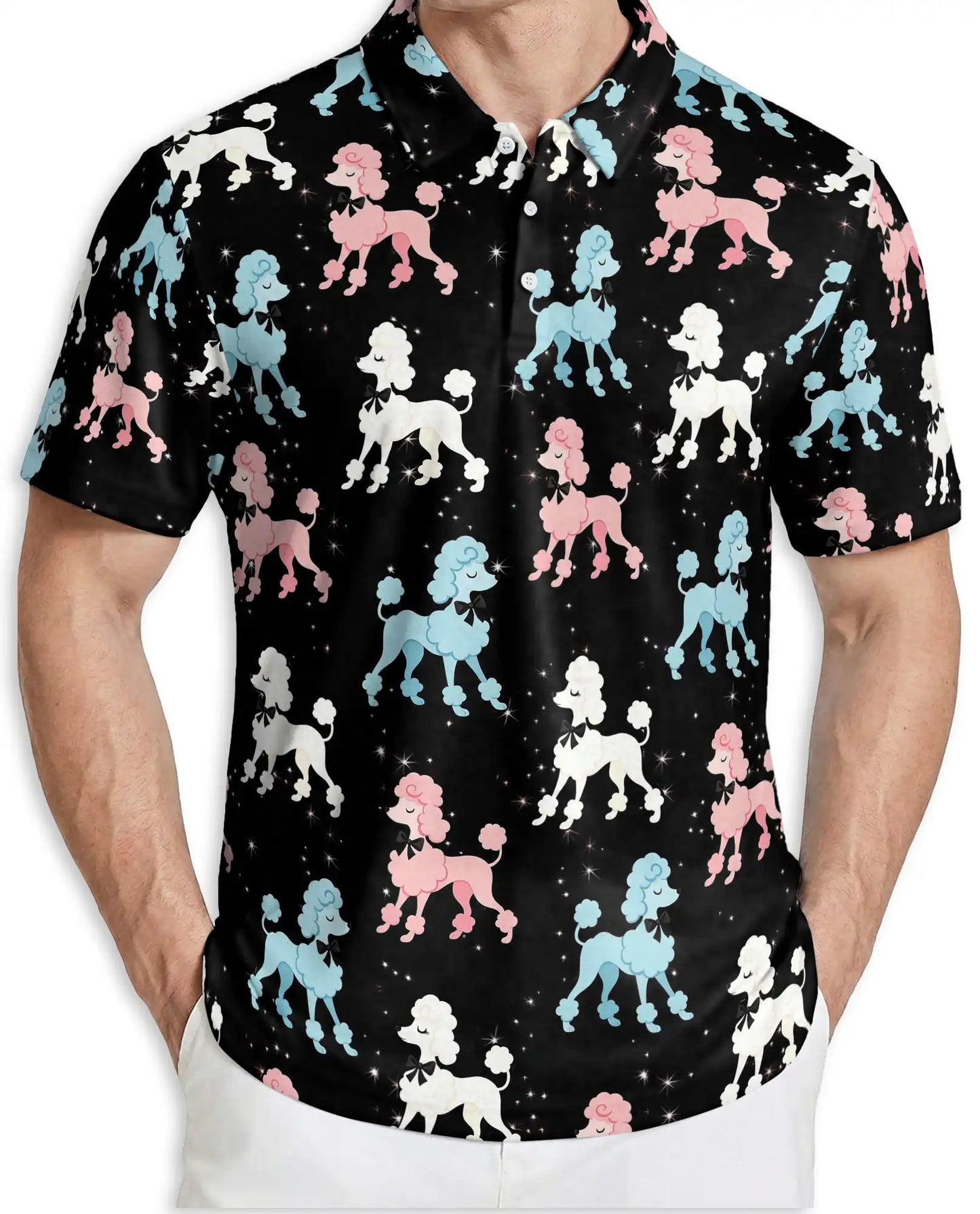 Retro Poodle Polo Shirt for Men-Vintage Pink Blue Poodle Dog Pattern Shirt | Netecom