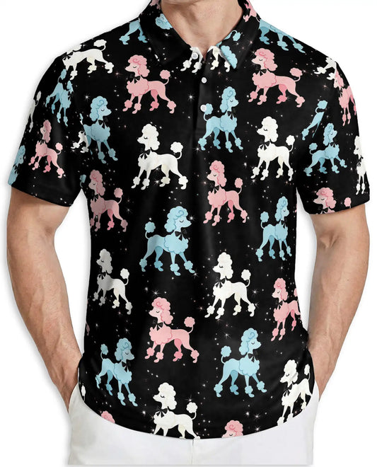 Retro Poodle Polo Shirt for Men-Vintage Pink Blue Poodle Dog Pattern Shirt | Netecom