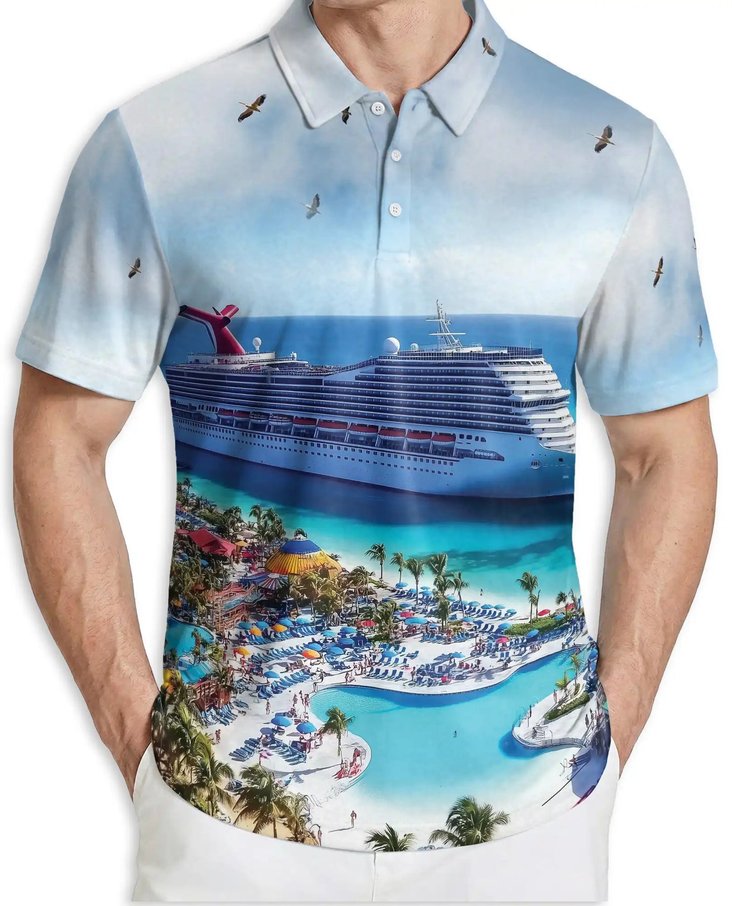 Tropical Cruise Ship 3D Polo Shirt for Men – Ocean Vacation Beach Style | Netecom