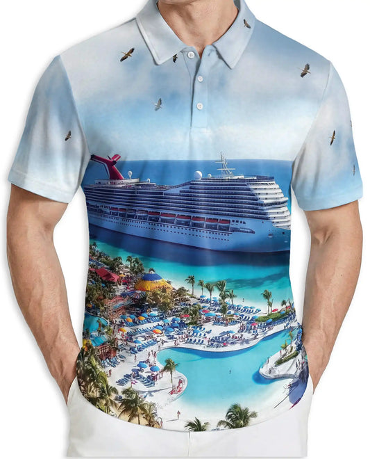 Tropical Cruise Ship 3D Polo Shirt for Men – Ocean Vacation Beach Style | Netecom