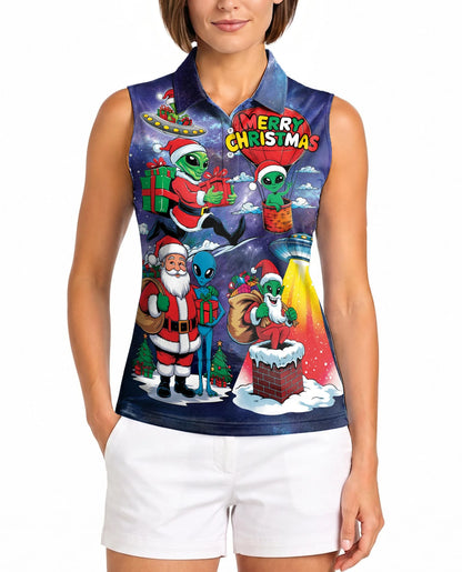 Alien Santas Christmas in the Galaxy Sleeveless Polo Shirt for Women | Netecom