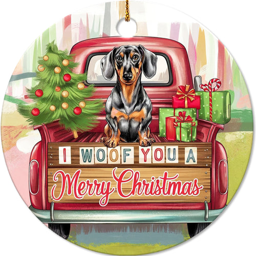 Netecom Funny Dachshund in Holiday Truck Ornament, I Woof You a Merry Christmas Ceramic Ornament for Christmas Tree Hanging Decorations Gift, Pet Lover Gifts, Holiday Party Present