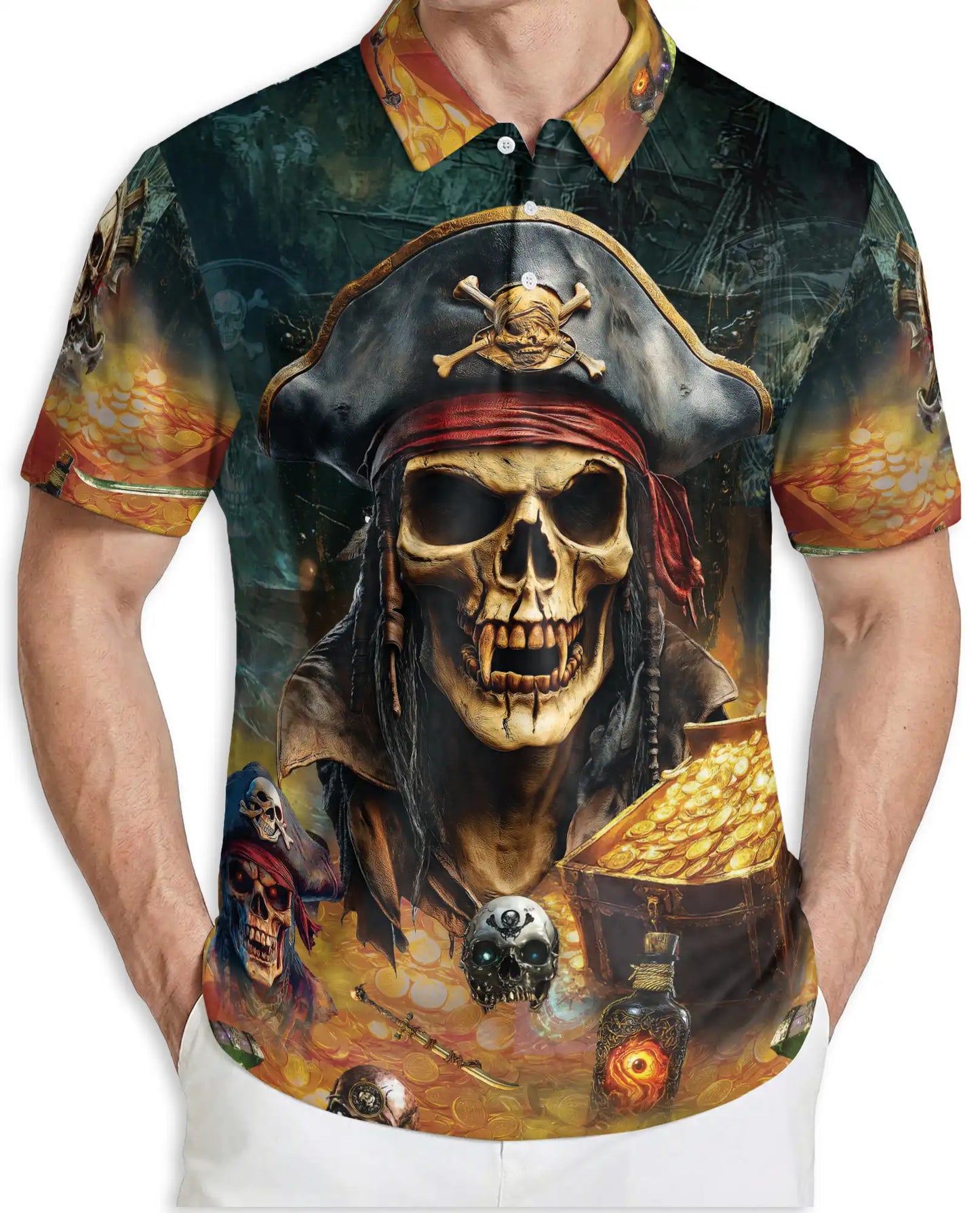 Pirate Skull Polo Shirt – Treasure Hunter Print | Netecom