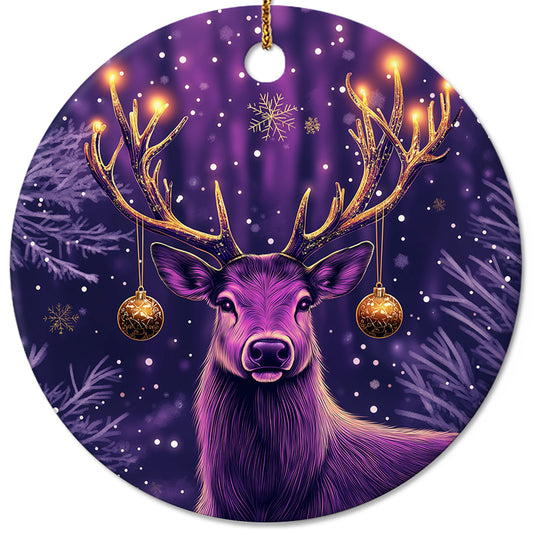 Netecom Purple Reindeer Christmas Ornaments, Ceramic Snow Forest Scene Keepsake Ornament for Christmas Tree Decorations, Gifts for Holiday, Party, Home Decor