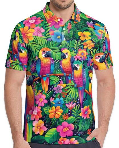 Rainbow Parrot Hawaiian Polo Shirt Tropical Bird Floral Design | Netecom