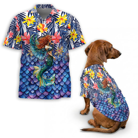 Netecom Matching Mermaid Aloha Hawaiian Shirt for Dog and Owner, Ocean Theme Summer Button Down Shirt, Cute Pet and Human Matching Look, Relaxed Beach Vacation Casual Wear