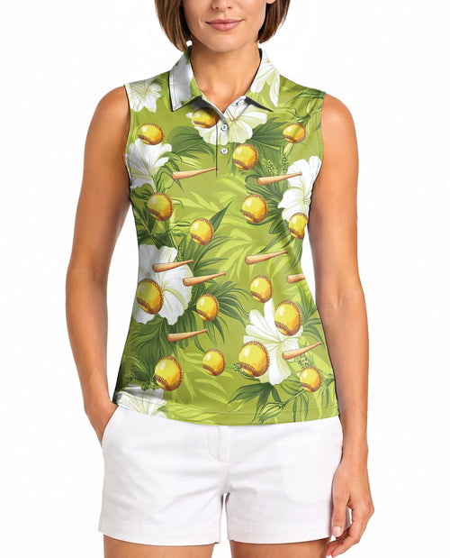 Green Softball and Baseball Bat Tropical Sleeveless Polo Shirt for Women | Netecom