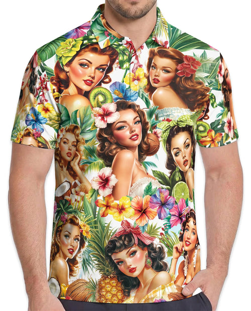 Tropical Pinup Girl Polo Shirt for Men – Retro Summer Beach Style | Netecom