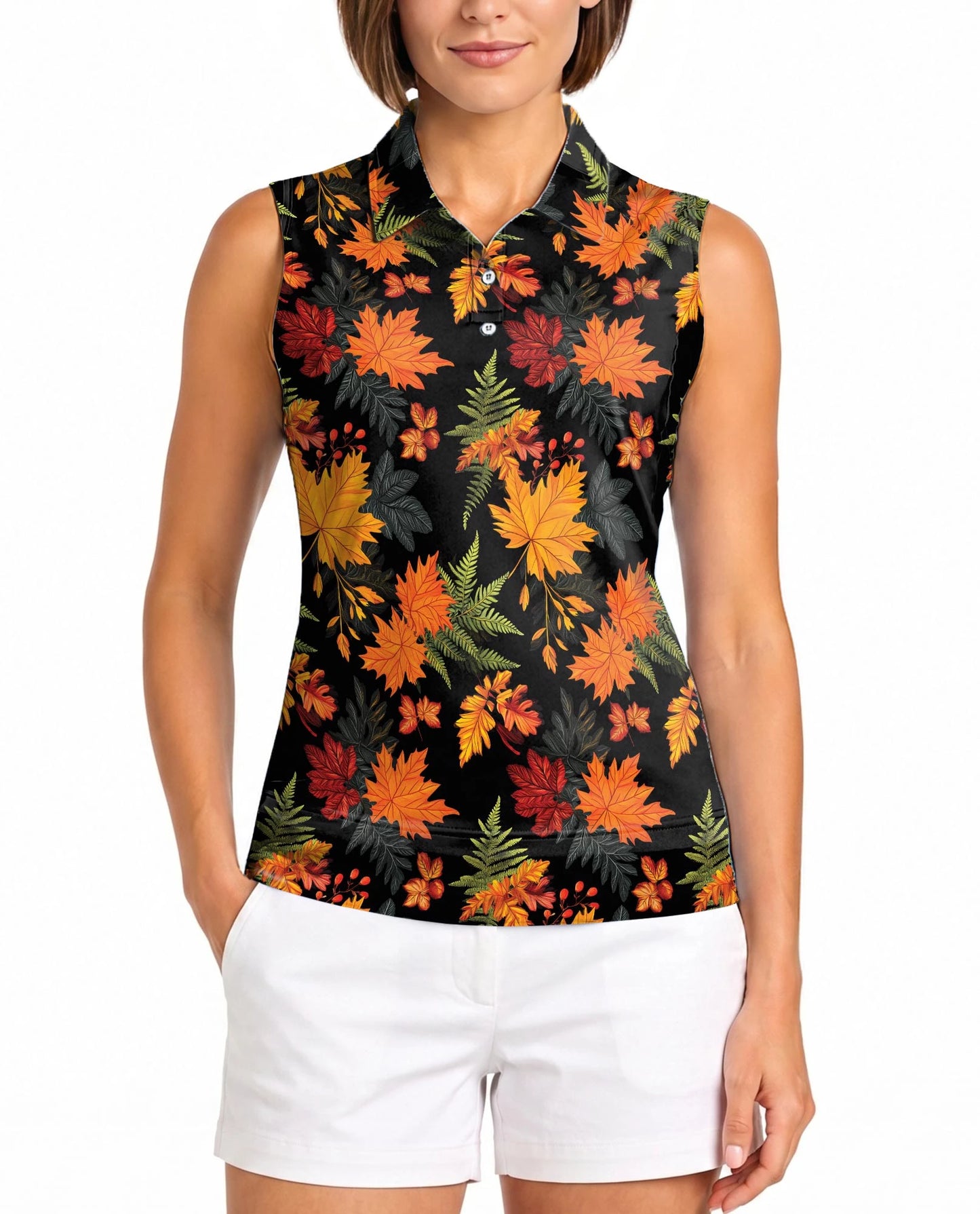 Autumn Maple Leaf Pattern Sleeveless Polo Shirt for Women | Netecom