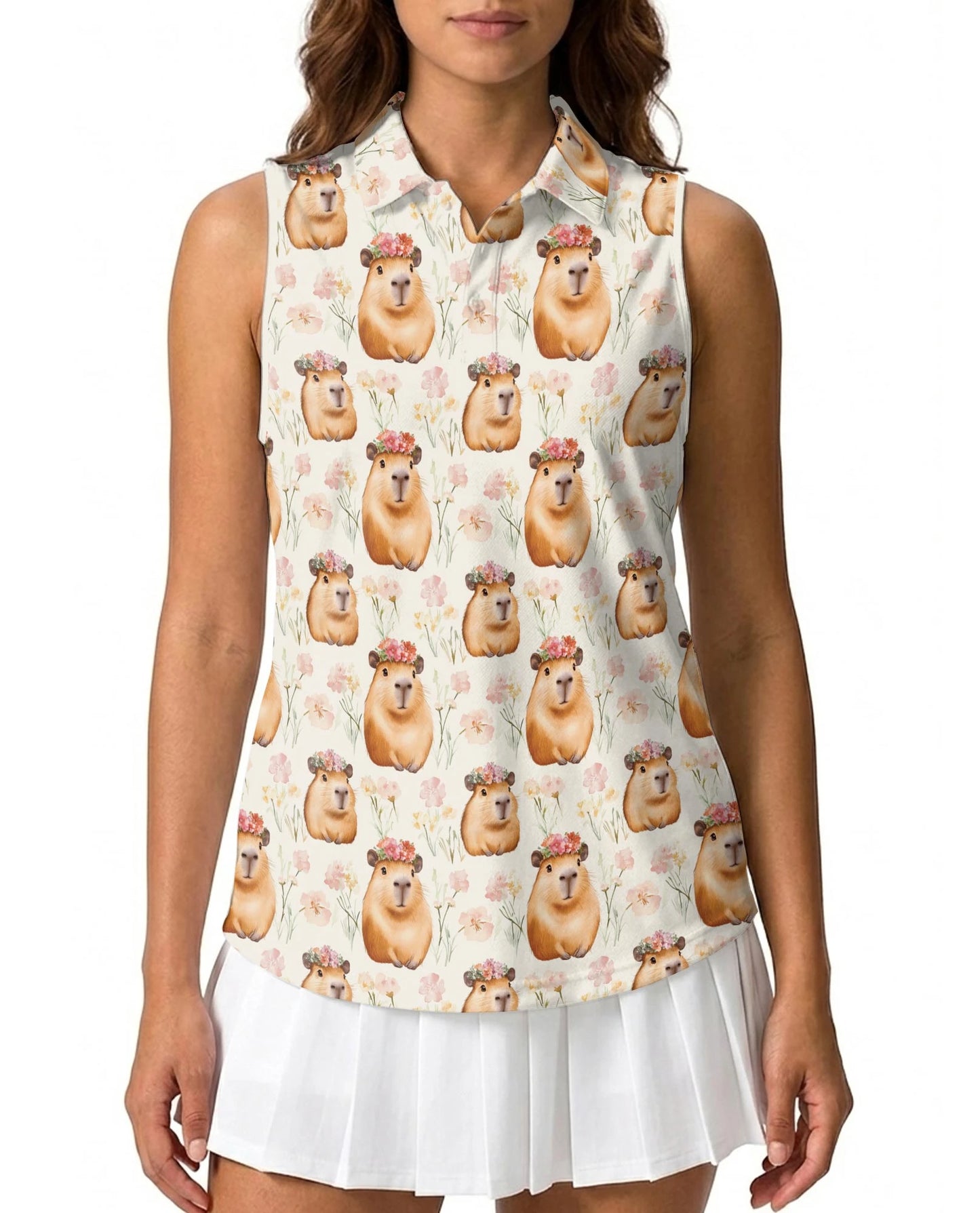 Capybara Flower Crown Sleeveless Polo Shirt for Women | Netecom