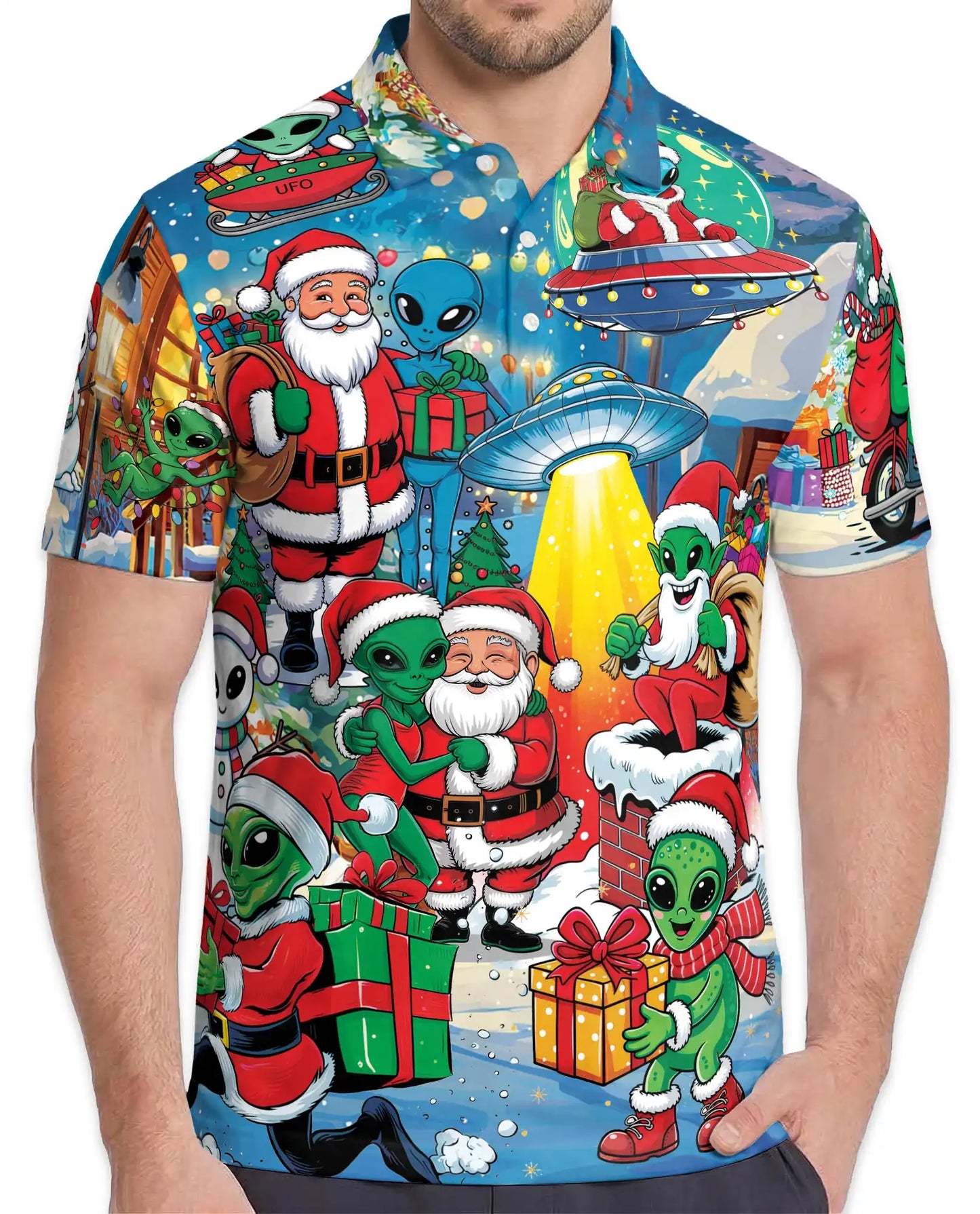 Funny Alien Santa 3D Polo Shirt for Men – Christmas UFO Galaxy Style | Netecom