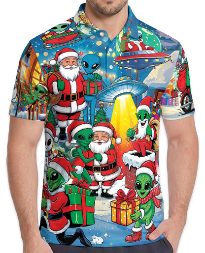 Funny Alien Santa 3D Polo Shirt for Men – Christmas UFO Galaxy Style | Netecom