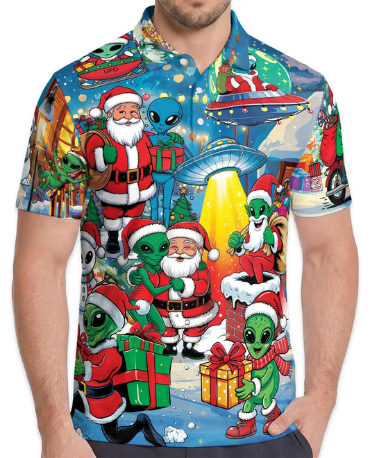 Funny Alien Santa 3D Polo Shirt for Men – Christmas UFO Galaxy Style | Netecom