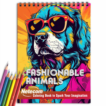 Fashionable Animals Spiral Bound Coloring Book, Step into the World of Fashion with 30 Coloring Pages, Showcasing Animals with Fabulous Accessories and Attire