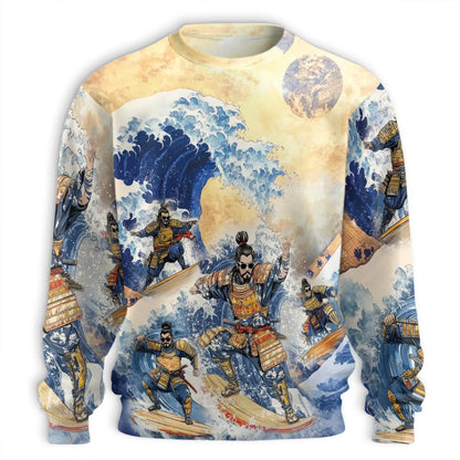 Samurai Surfing Sweatshirt, 3D All Over Print Japanese Warrior Beach Crewneck Pullover for Men Women, Samurai Lover Gift - Netecom