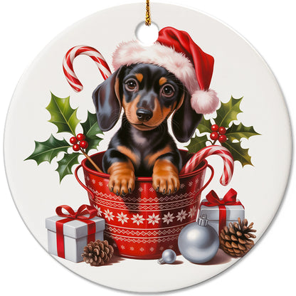 Netecom Cute Dachshund in Bucket Ornament, Wiener Dog with Santa Hat Ceramic Ornament for Christmas Tree Hanging Decorations Gift, Puppy Lover Gifts, Home Decor, Holiday Party Present