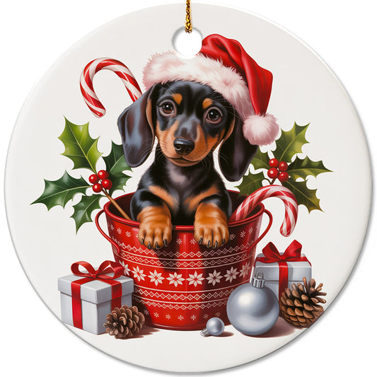 Netecom Cute Dachshund in Bucket Ornament, Wiener Dog with Santa Hat Ceramic Ornament for Christmas Tree Hanging Decorations Gift, Puppy Lover Gifts, Home Decor, Holiday Party Present