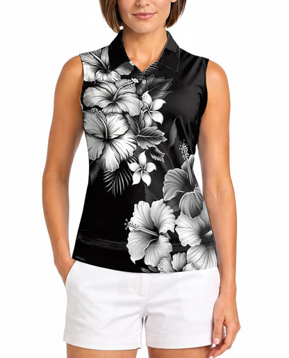 Black And White Hibiscus Sleeveless Polo Shirt for Women – Tropical Floral Style | Netecom