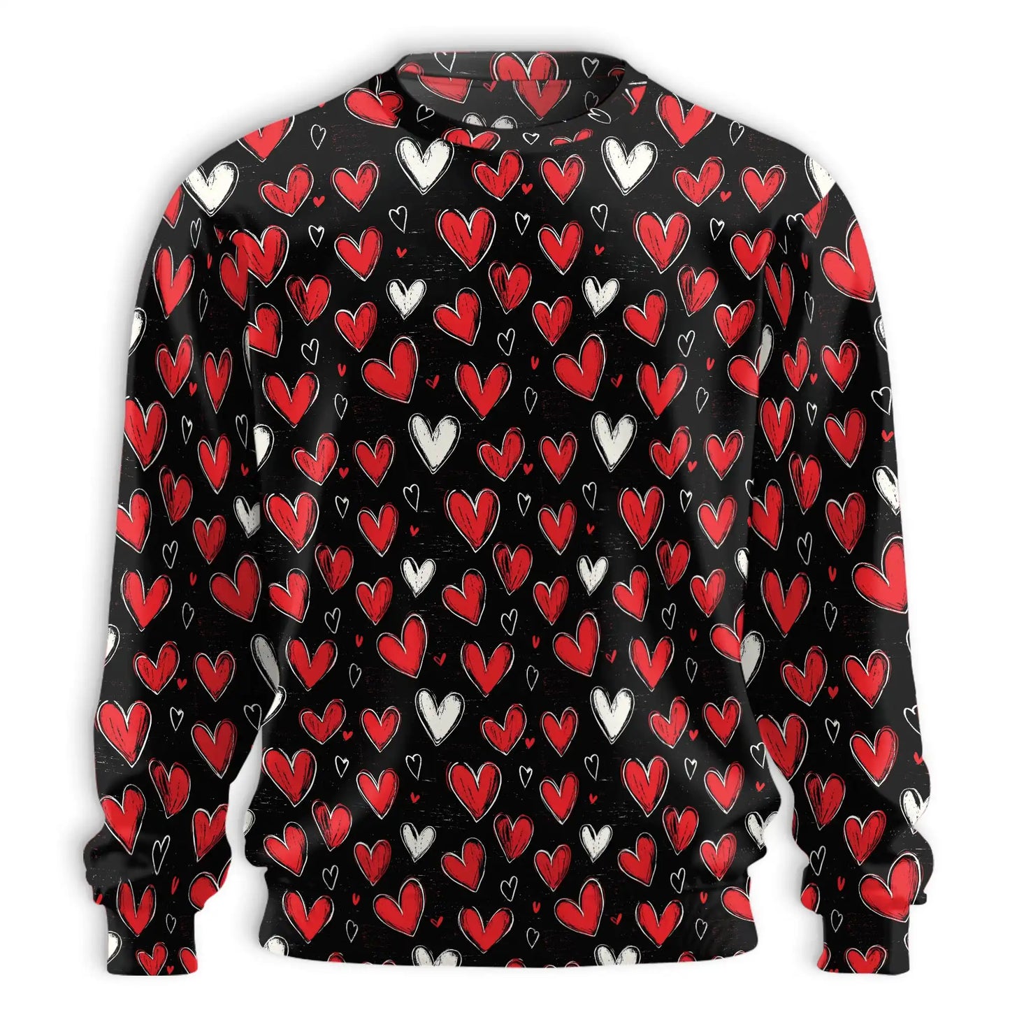Red and White Heart Pattern Sweatshirt, 3D All Over Print Romantic Love Crewneck Pullover for Men Women, Heart Lover Gift - Netecom