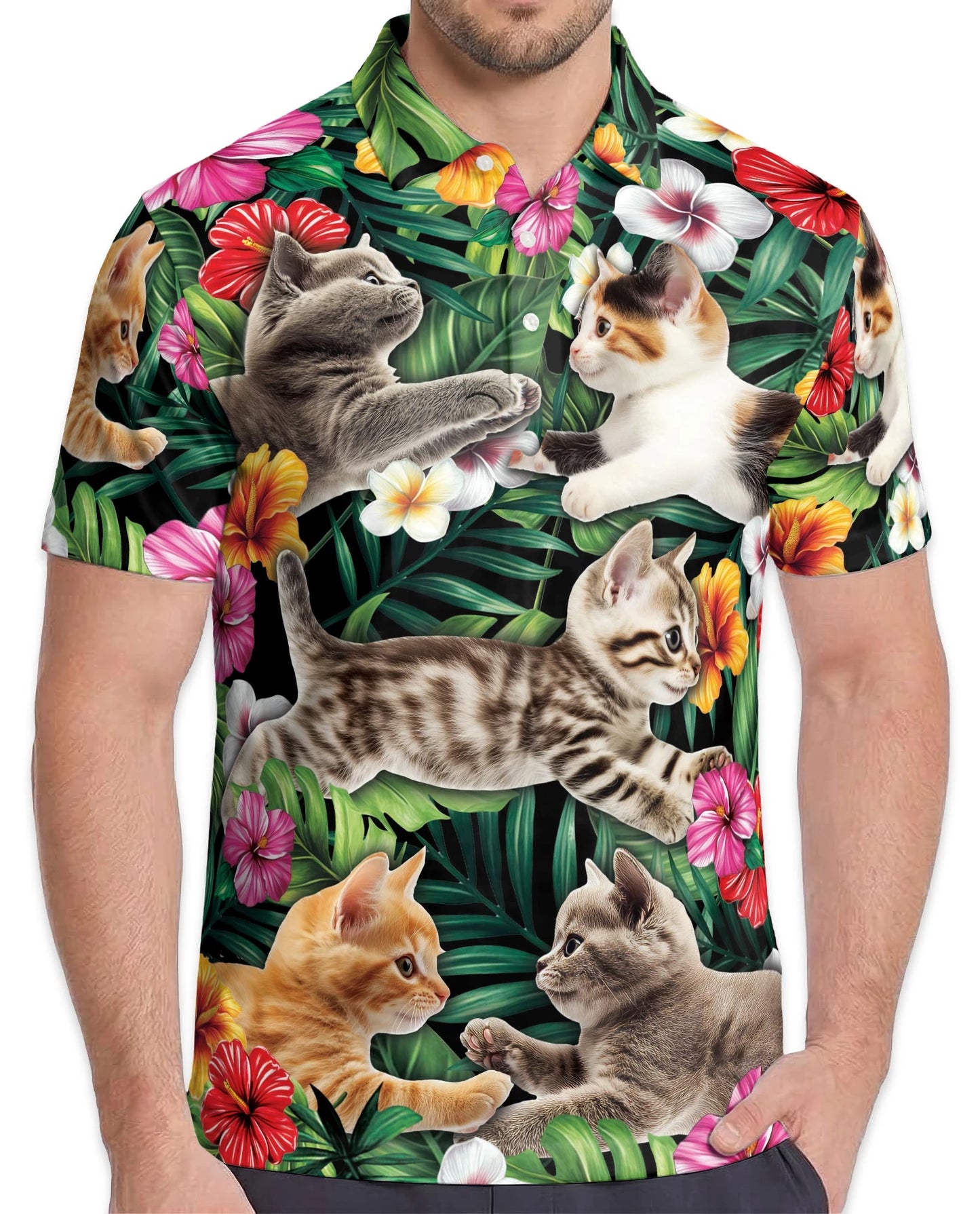 Cat Tropical Floral Polo Shirt for Men – Cute Animal Summer Style | Netecom