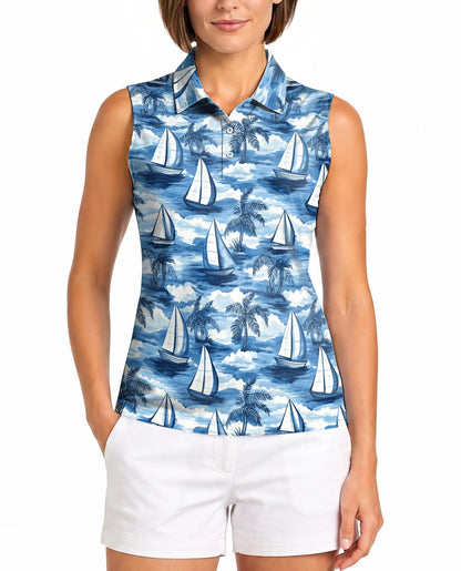 Sailboat Pattern Sleeveless Polo Shirt for Women | Netecom