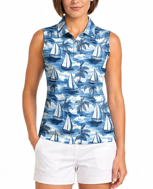 Sailboat Pattern Sleeveless Polo Shirt for Women | Netecom
