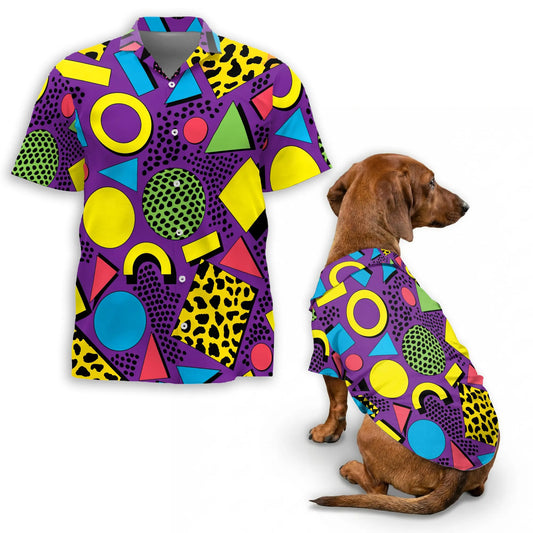 Matching Dog and Owner 80s Retro Hawaiian Shirts – Colorful Geometric Summer Beach Outfit