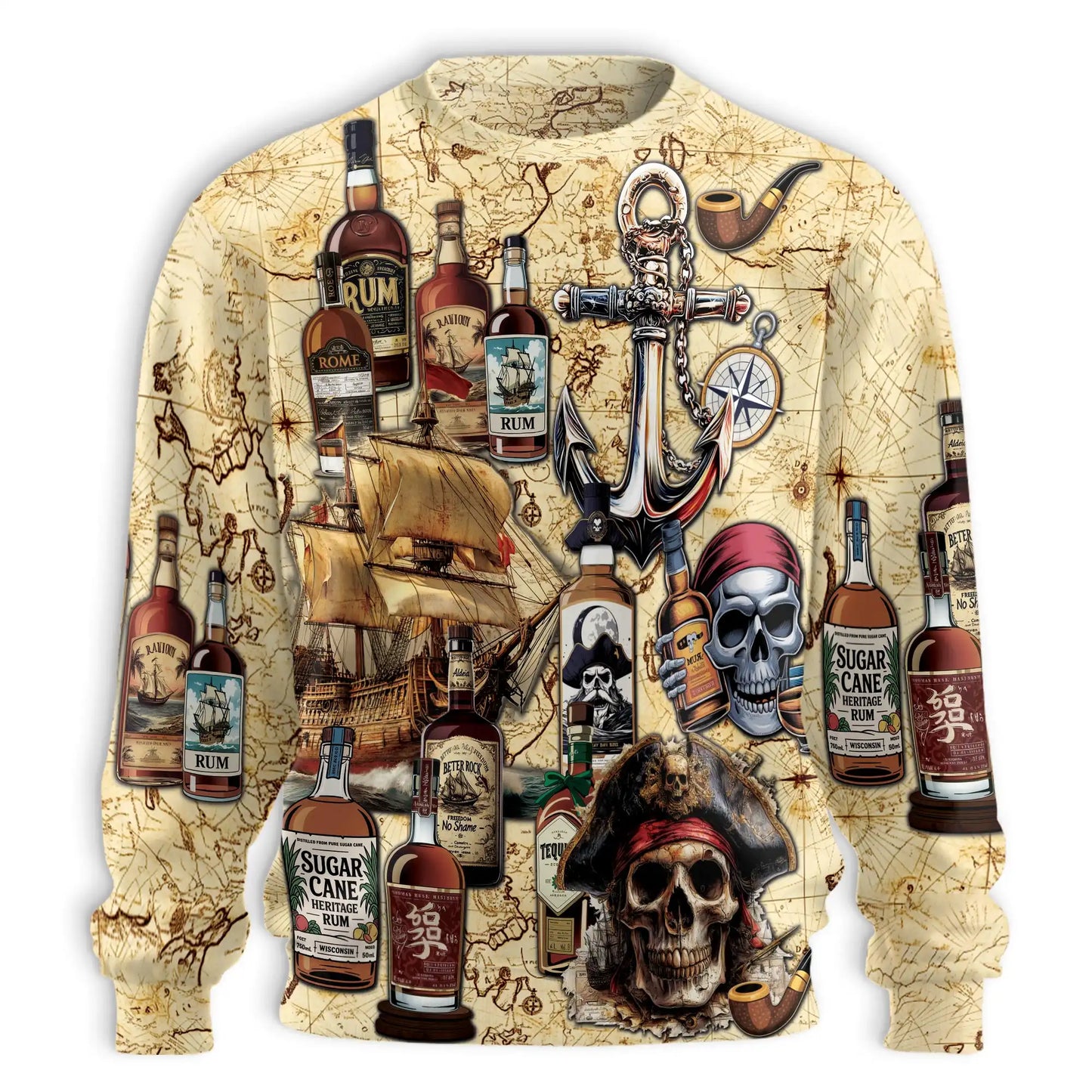 Vintage Pirate Rum Pattern Sweatshirt, 3D All Over Print Nautical Skull Crewneck Pullover for Men Women, Pirate Lover Gift - Netecom