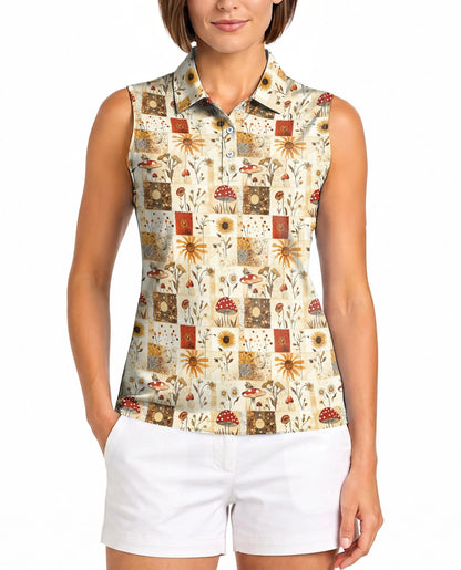 Vintage Mushroom Pattern Sleeveless Polo Shirt for Women – Nature Retro Style | Netecom