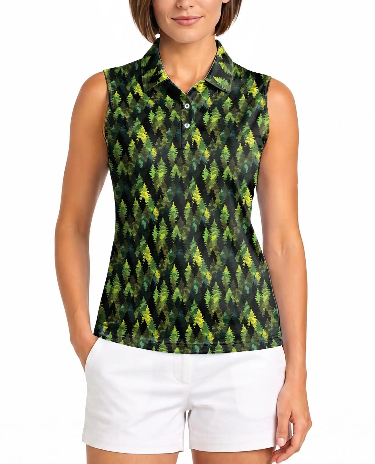 Pine Tree Pattern Sleeveless Polo Shirt for Women – Nature Outdoor Style | Netecom