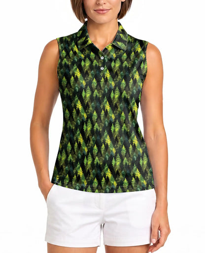 Pine Tree Pattern Sleeveless Polo Shirt for Women – Nature Outdoor Style | Netecom