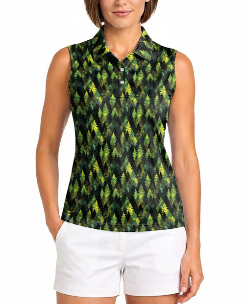 Pine Tree Pattern Sleeveless Polo Shirt for Women – Nature Outdoor Style | Netecom