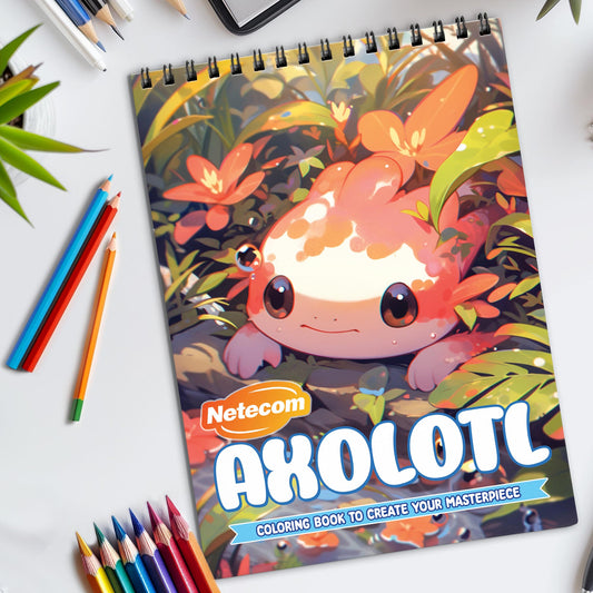 Axolotl Spiral Bound Coloring Book, Adorable Axolotls in Artistic Settings, Great for Animal Lovers and Those Seeking Unique and Cute Art