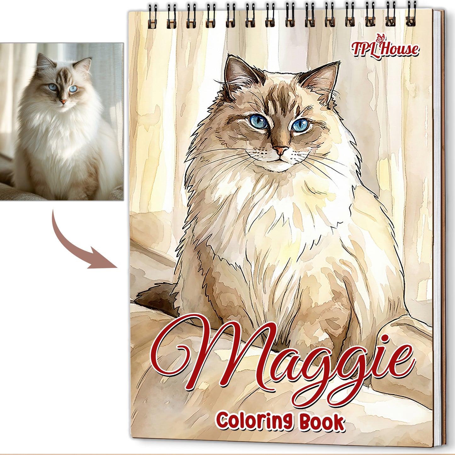 Personalized Cat Coloring Book for Adults – Custom Cat Line Art Coloring Pages from Photos, 12–48 Pages, Pet Memory Keepsake for Pet Lovers, Premium Wooden Cover, Spiral Binding