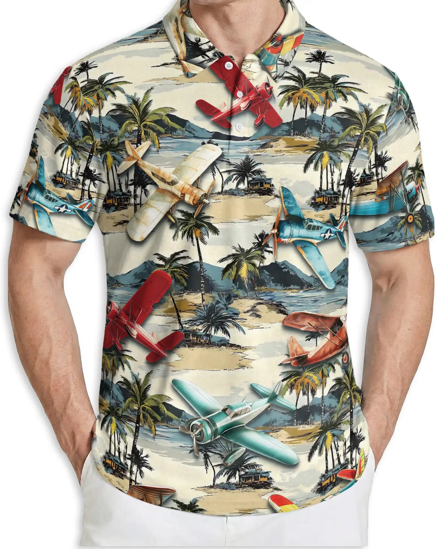 Vintage Airplane Retro 3D Polo Shirt for Men – Tropical Beach Island Style | Netecom