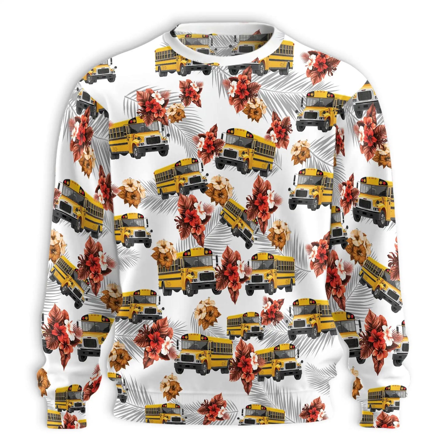 Yellow School Bus Tropical Floral Sweatshirt, 3D All Over Print Summer Travel Crewneck Pullover for Men Women, School Bus Lover Gift - Netecom