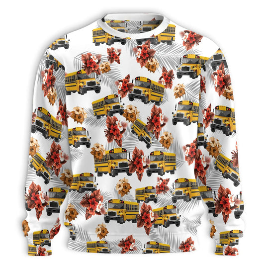 Yellow School Bus Tropical Floral Sweatshirt, 3D All Over Print Summer Travel Crewneck Pullover for Men Women, School Bus Lover Gift - Netecom