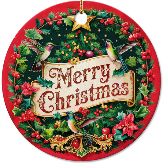 Netecom Vintage Merry Christmas Ornament, Funny Xmas Hummingbird in Red Wreath Ceramic Ornament for Christmas Tree Hanging Decorations Gift, Home Decor, Holiday Party Present